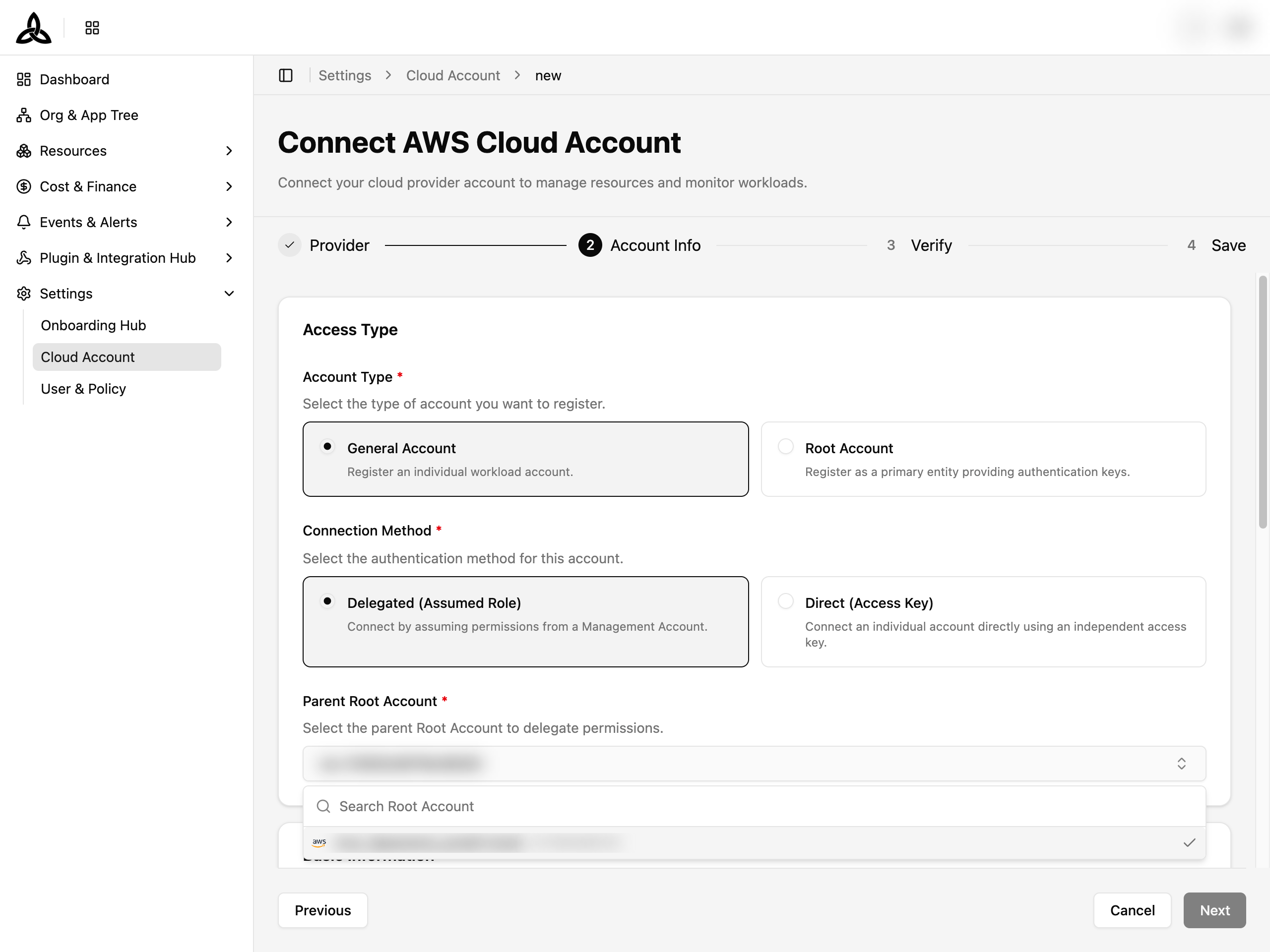 General Account — Delegated (Assumed Role) and Parent Root Account selection