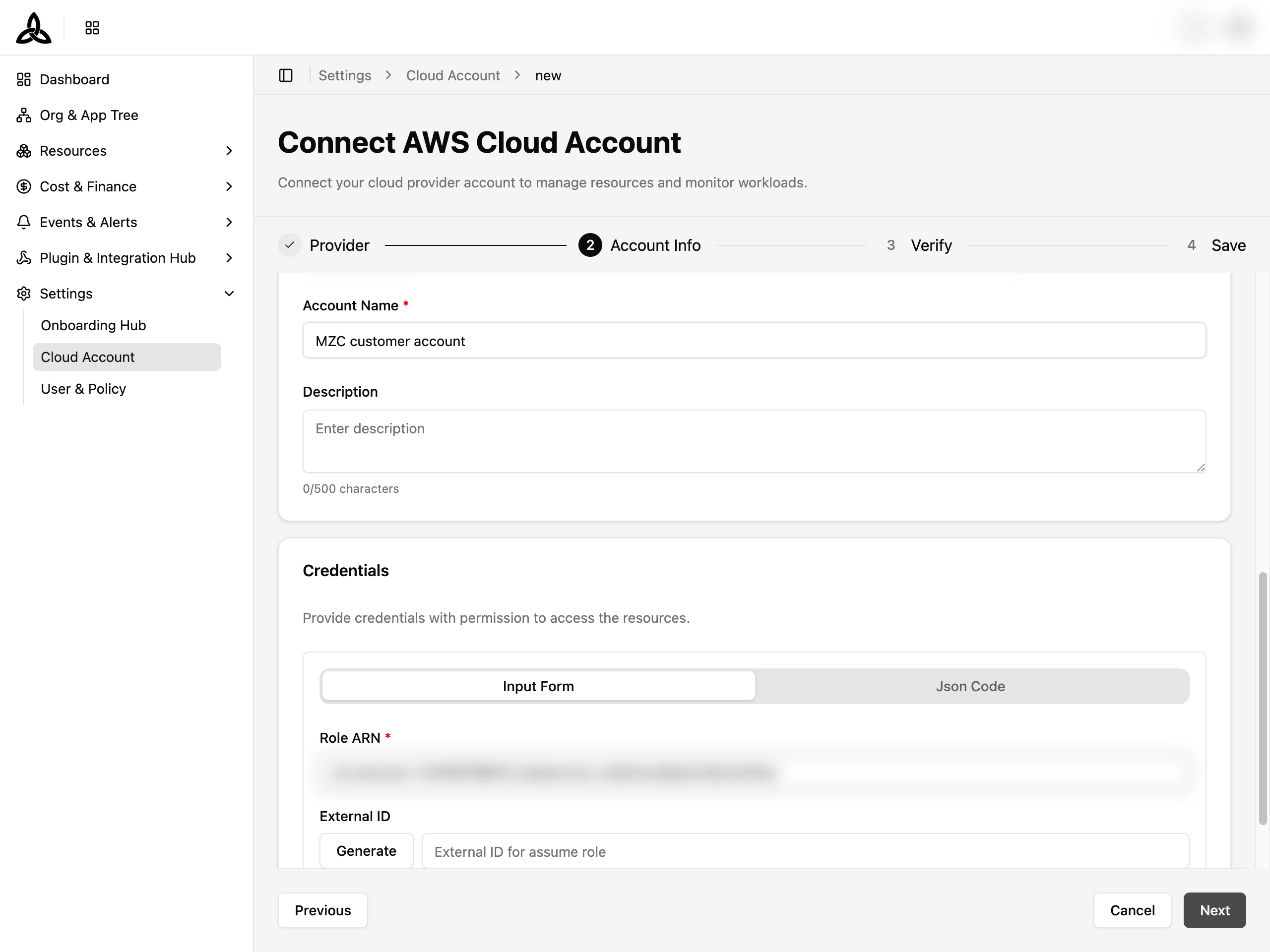 Enter Role ARN / External ID